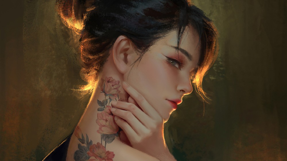 花朵纹身女孩,动漫女孩桌面壁纸4K高清