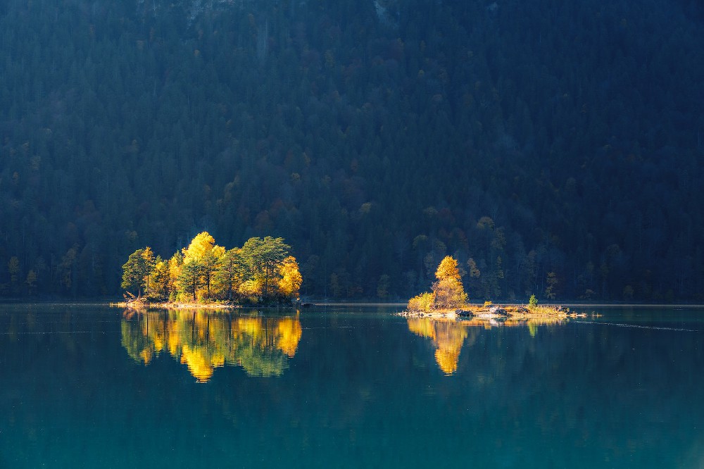 湖心小岛，黄色的树木，森林，湖泊，高清风景壁纸，4K