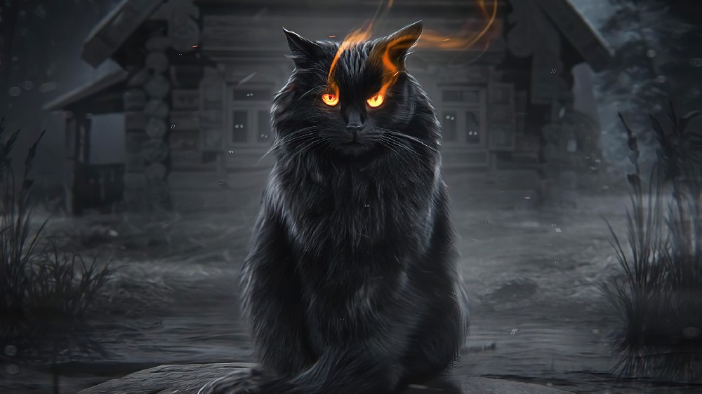 瞳孔散发诡异的火光的黑猫-动物电脑壁纸【5K】