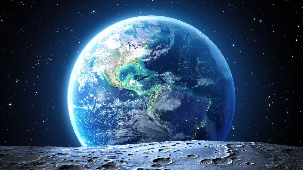 从其他星球表面看地球，如蔚蓝色的明珠璀璨夺目