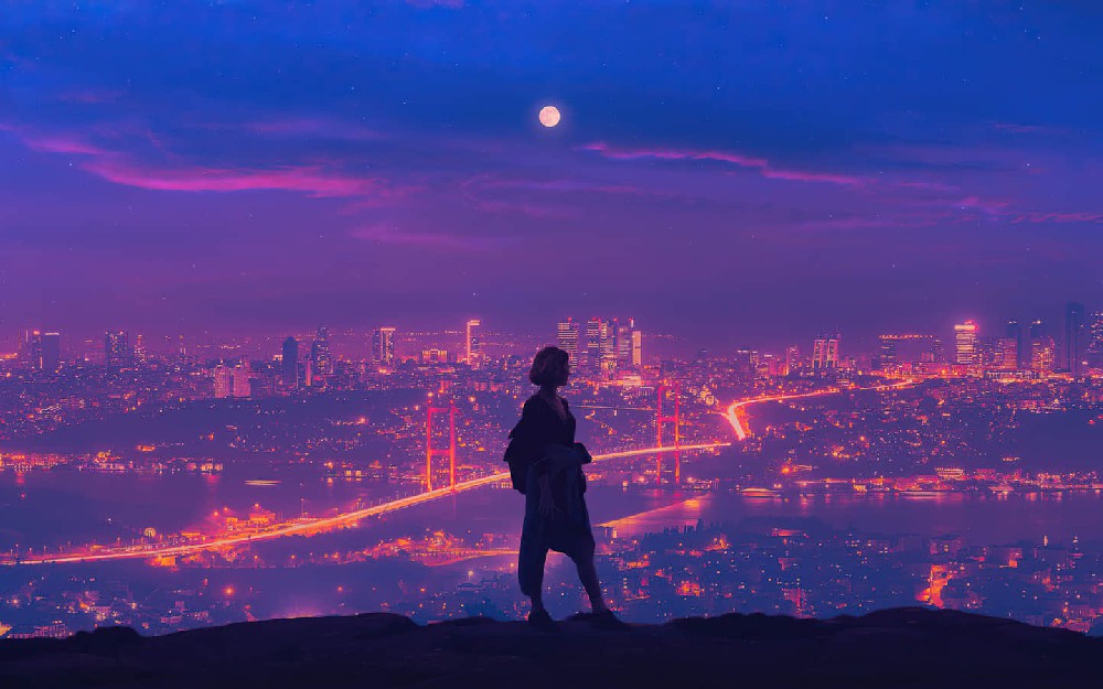 月夜明月高悬行走在城市边缘的女生背影电脑壁纸4k