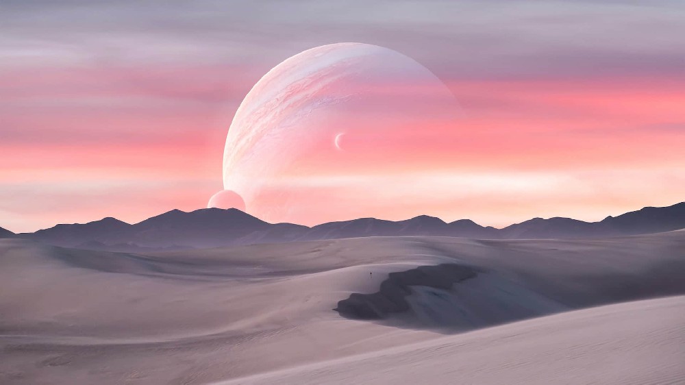 广袤的沙漠粉色的天空超级星球月亮高清唯美风景电脑壁纸4k