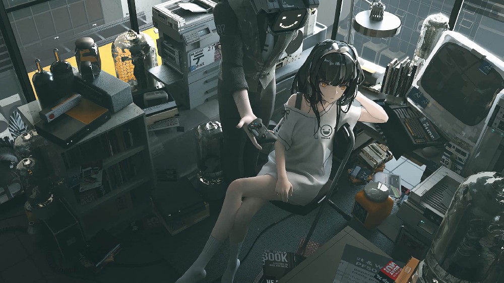 凌乱的房间里动漫女孩和她的机器人管家4k壁纸图片