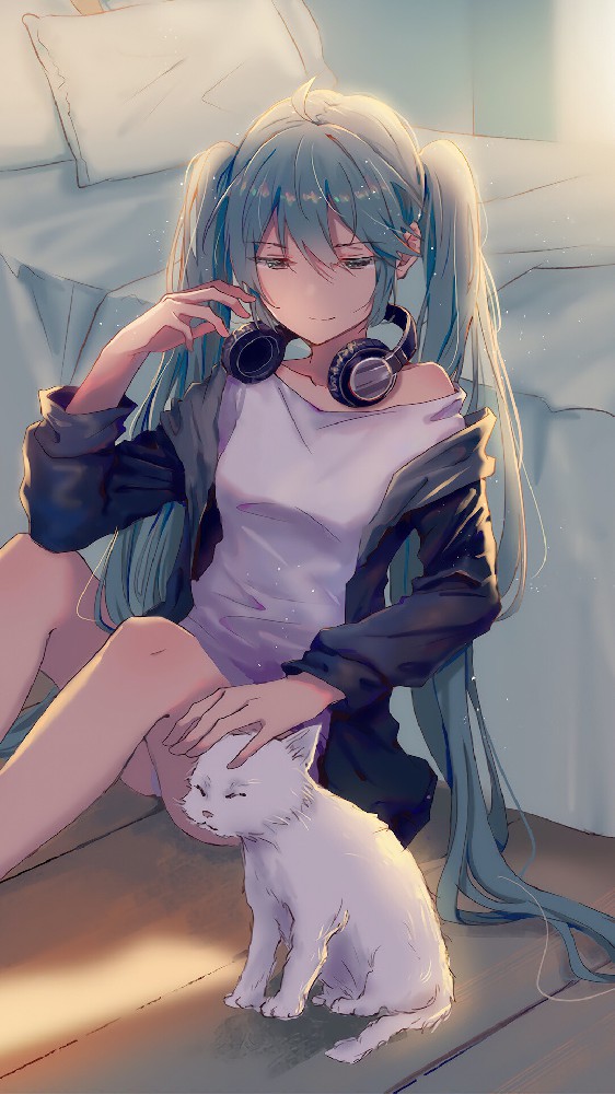 初音未来撸猫高清手机壁纸