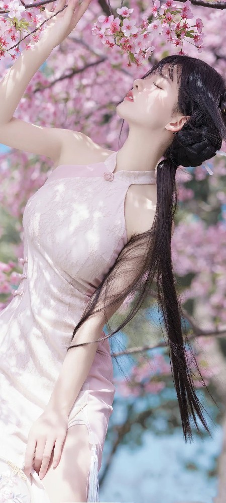 樱花树下拍照的美女姐姐